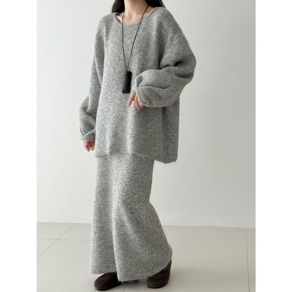 韓系秋冬 溫暖後排釦慵懶毛衣+針織半身裙套裝 *2色 | kukuta-細節圖7