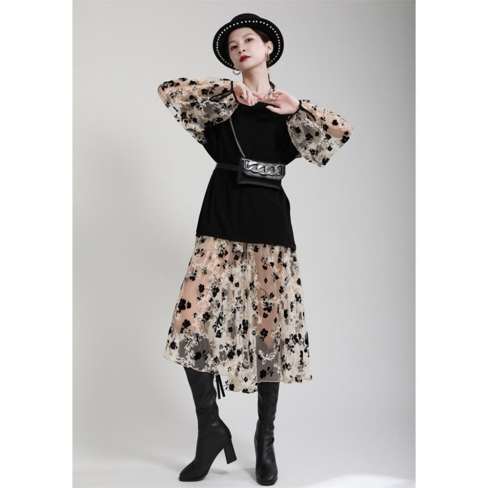 赫本風碎花拼接紗連身裙 | kukuta-細節圖2