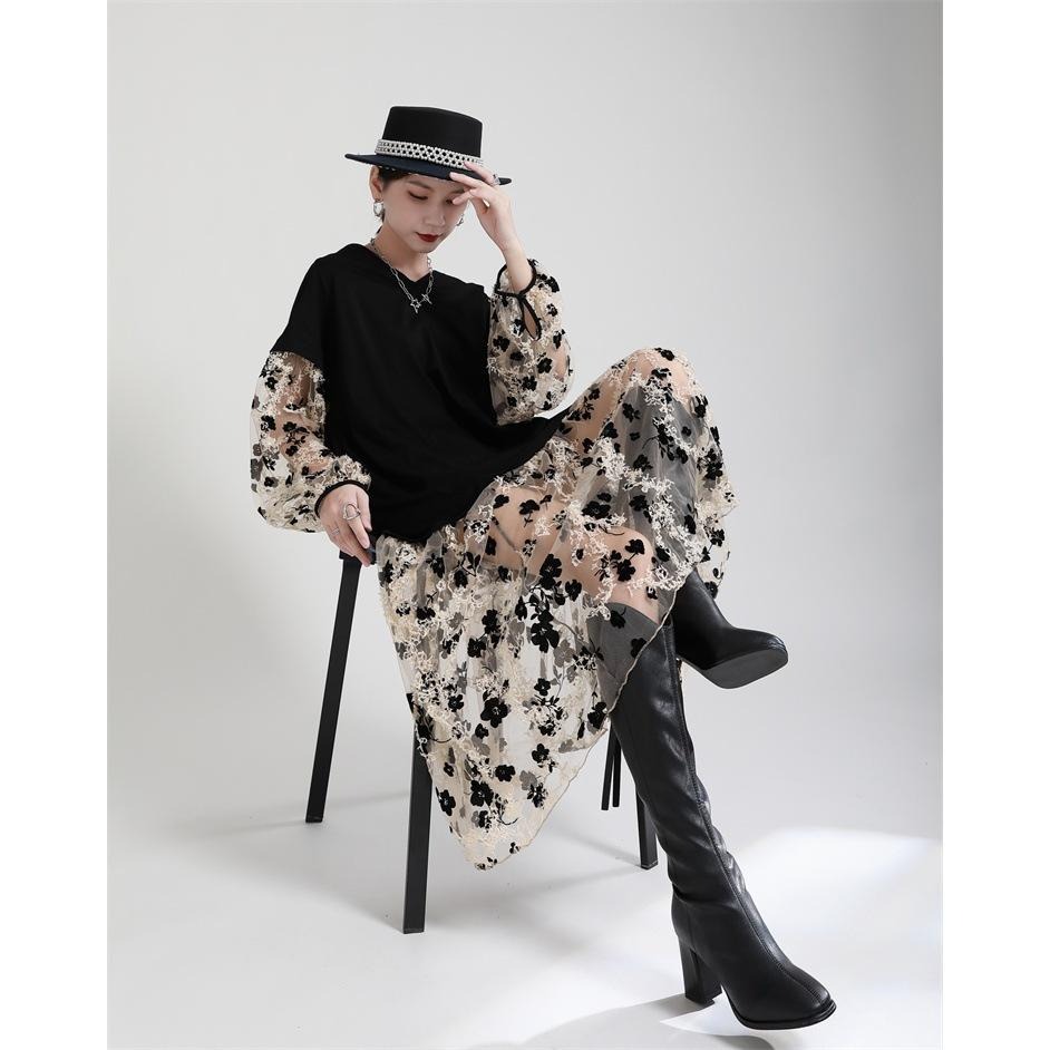 赫本風碎花拼接紗連身裙 | kukuta-細節圖4