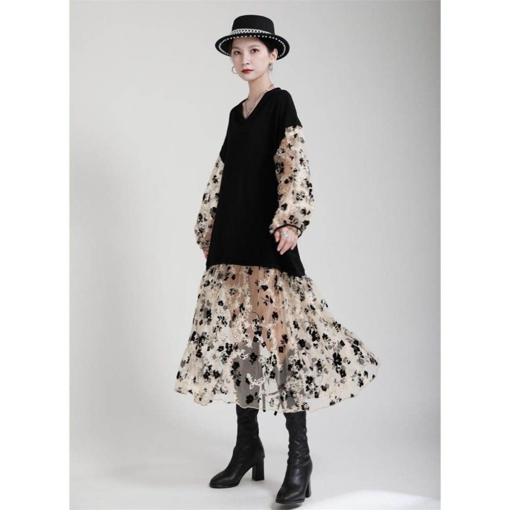 赫本風碎花拼接紗連身裙 | kukuta-細節圖7