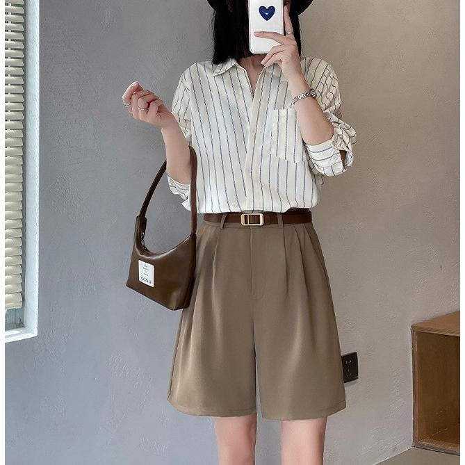 現+預 日常百搭 西裝五分褲 高腰闊腿褲 休閒五分褲 鬆緊腰短褲 大尺碼短褲 *6色 (S-2XL) | kukuta-細節圖2