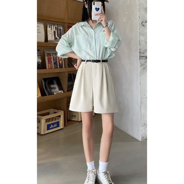 現+預 日常百搭 西裝五分褲 高腰闊腿褲 休閒五分褲 鬆緊腰短褲 大尺碼短褲 *6色 (S-2XL) | kukuta-細節圖3