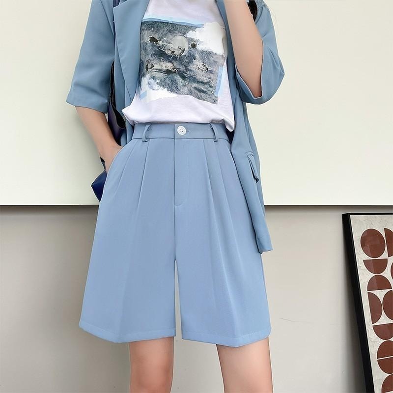 現+預 日常百搭 西裝五分褲 高腰闊腿褲 休閒五分褲 鬆緊腰短褲 大尺碼短褲 *6色 (S-2XL) | kukuta-細節圖6