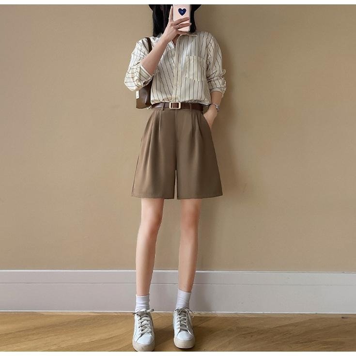 現+預 日常百搭 西裝五分褲 高腰闊腿褲 休閒五分褲 鬆緊腰短褲 大尺碼短褲 *6色 (S-2XL) | kukuta-細節圖8