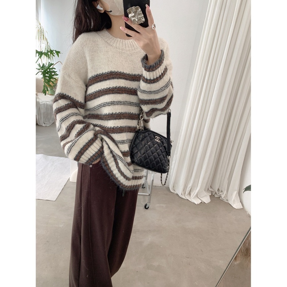 撞色條紋針織毛衣 圓領寬鬆上衣 *3色 | kukuta-細節圖2