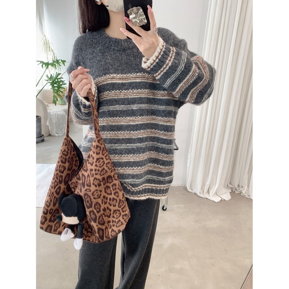 撞色條紋針織毛衣 圓領寬鬆上衣 *3色 | kukuta-細節圖3