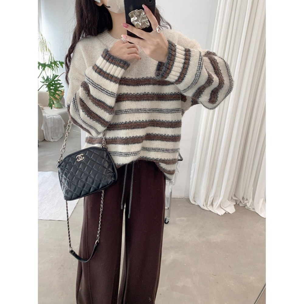 撞色條紋針織毛衣 圓領寬鬆上衣 *3色 | kukuta-細節圖4