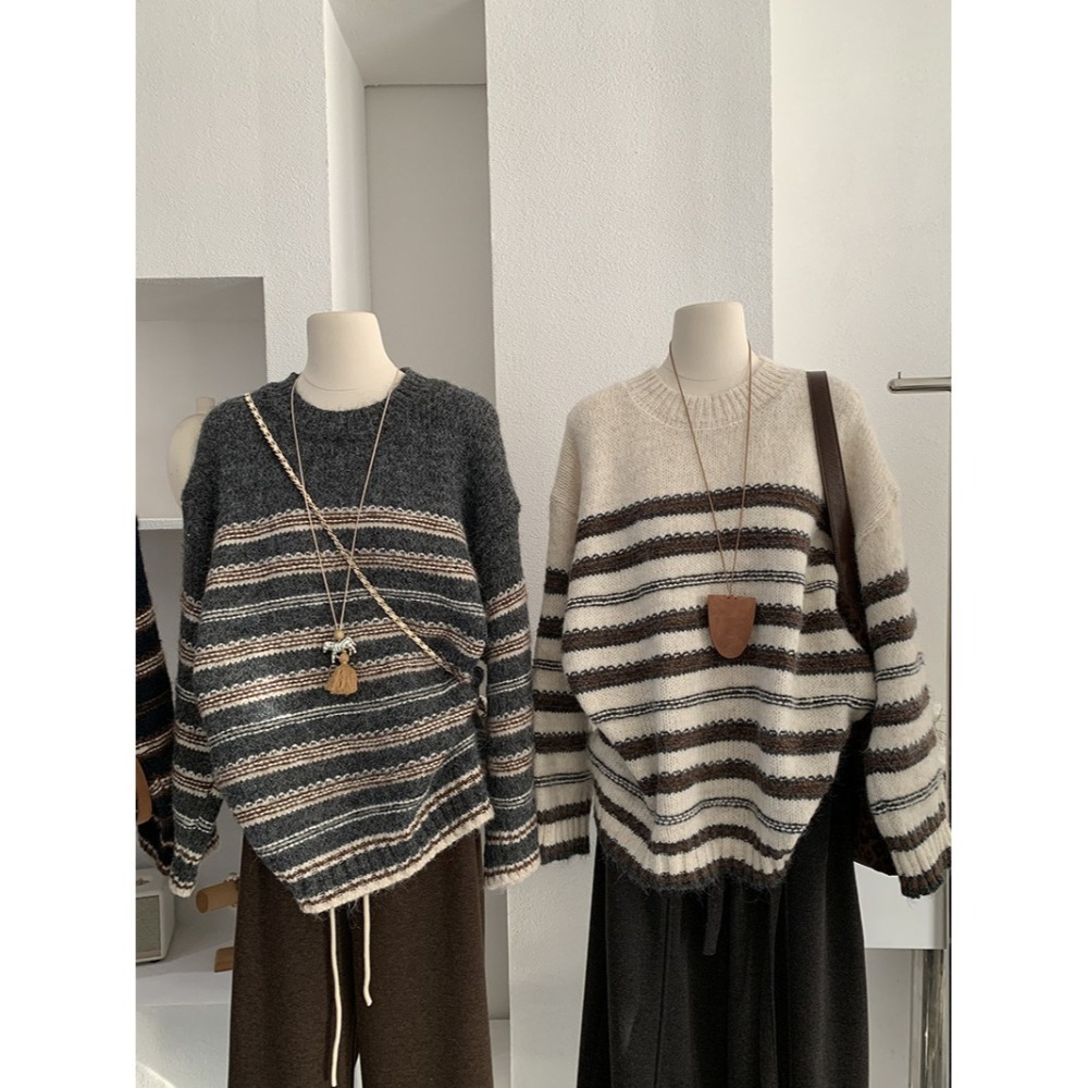 撞色條紋針織毛衣 圓領寬鬆上衣 *3色 | kukuta-細節圖5