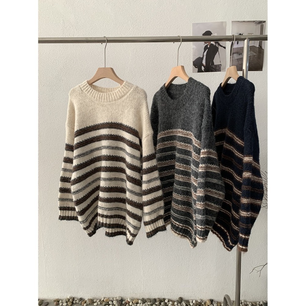 撞色條紋針織毛衣 圓領寬鬆上衣 *3色 | kukuta-細節圖7