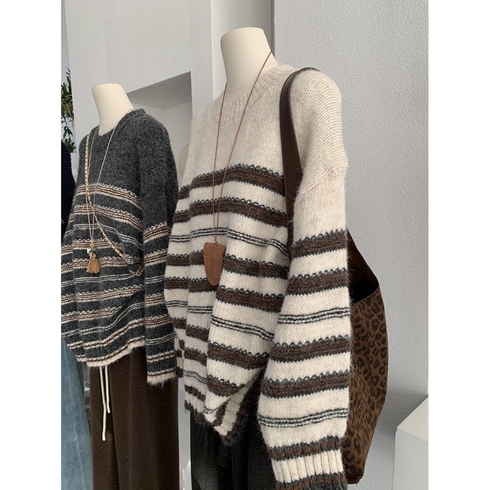 撞色條紋針織毛衣 圓領寬鬆上衣 *3色 | kukuta-細節圖8