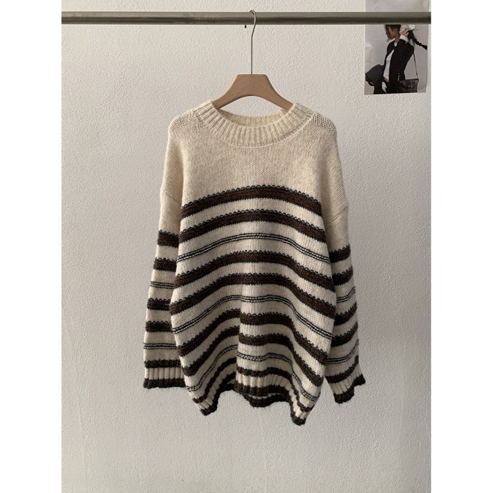 撞色條紋針織毛衣 圓領寬鬆上衣 *3色 | kukuta-細節圖10