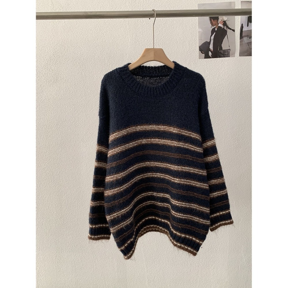 撞色條紋針織毛衣 圓領寬鬆上衣 *3色 | kukuta-細節圖11