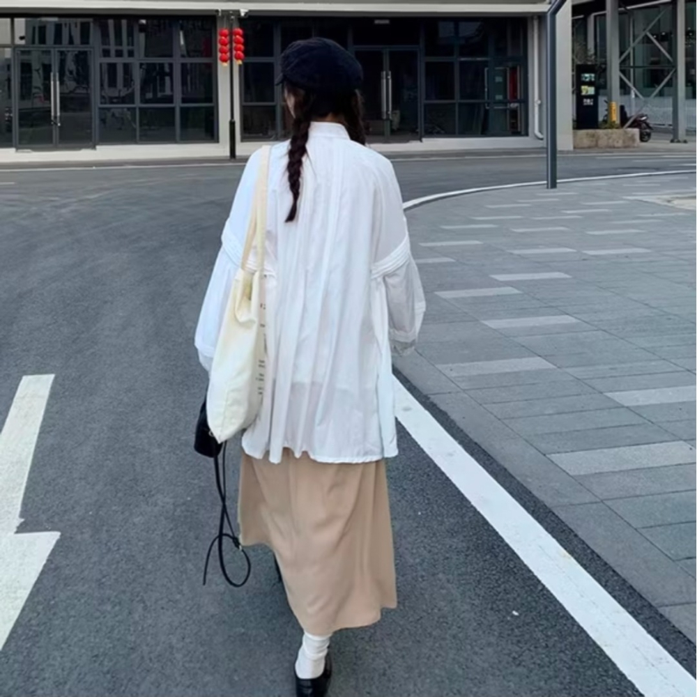 日系復古 立領上衣泡泡袖白襯衫 小個子洋裝 燈籠袖上衣  | kukuta-細節圖3