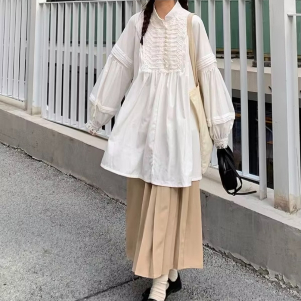 日系復古 立領上衣泡泡袖白襯衫 小個子洋裝 燈籠袖上衣  | kukuta-細節圖4