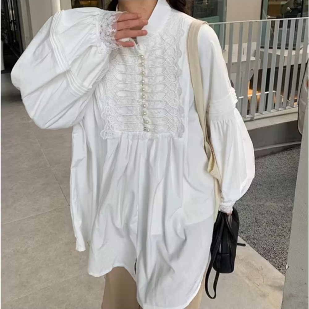 日系復古 立領上衣泡泡袖白襯衫 小個子洋裝 燈籠袖上衣  | kukuta-細節圖7