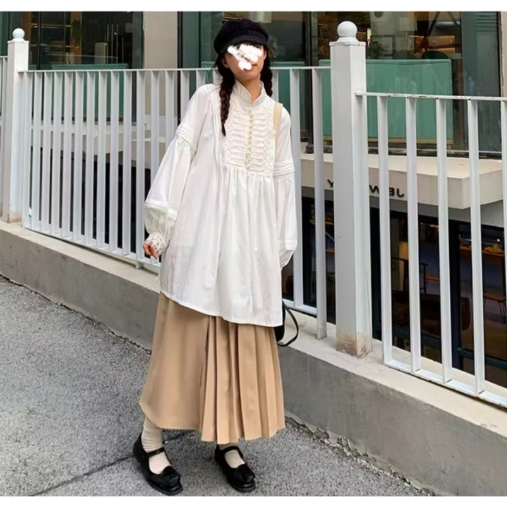 日系復古 立領上衣泡泡袖白襯衫 小個子洋裝 燈籠袖上衣  | kukuta-細節圖8