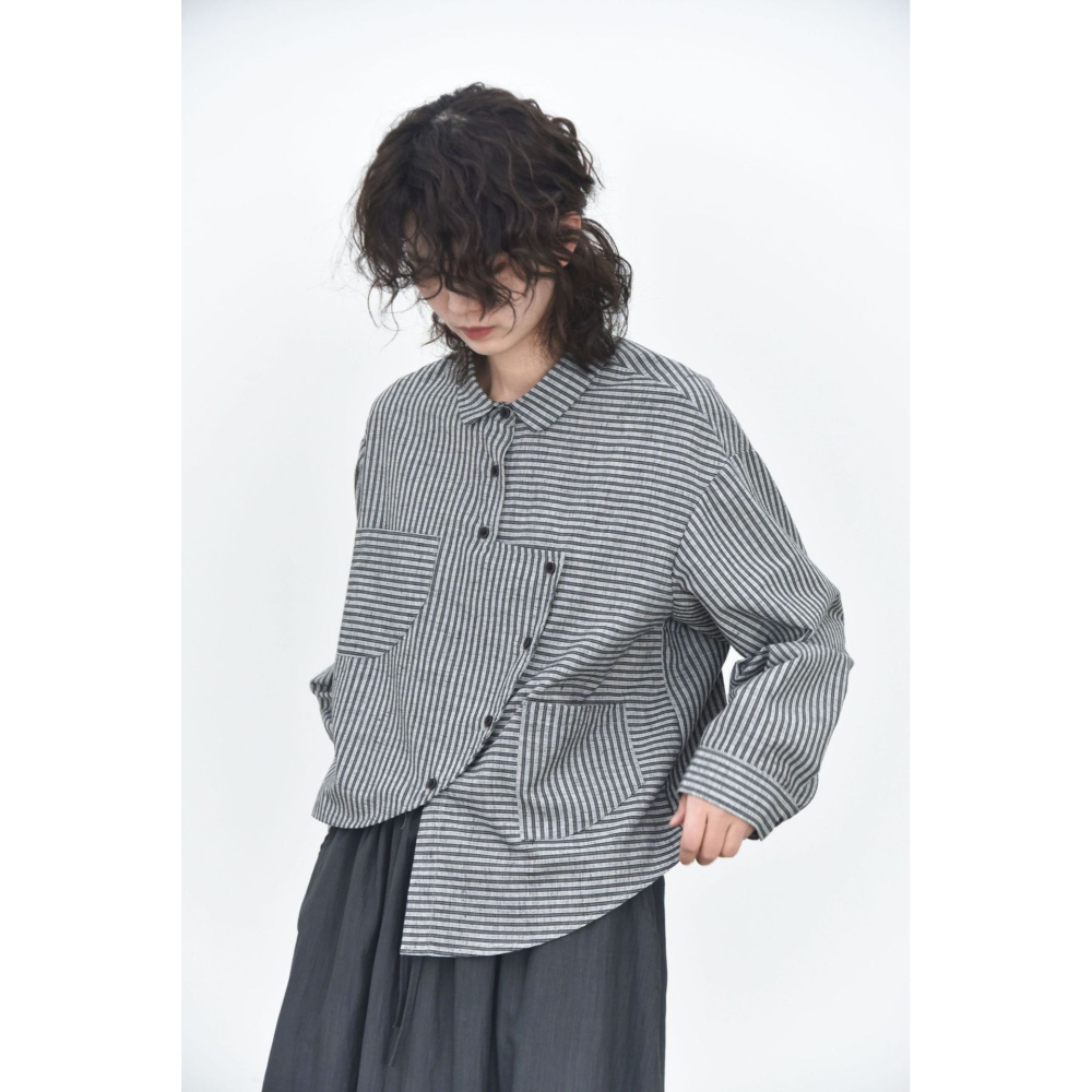 拼接條紋口袋襯衫 文藝復古設計上衣 *3色 | kukuta-細節圖2