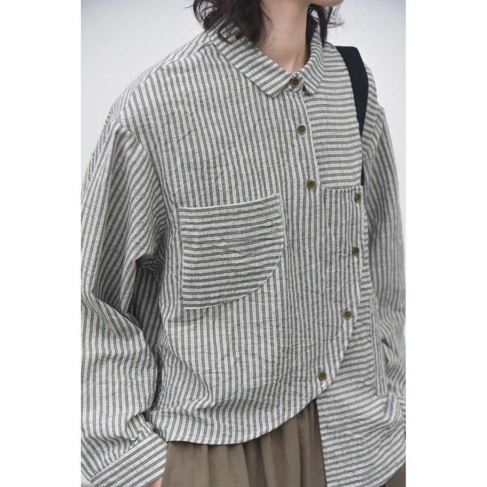 拼接條紋口袋襯衫 文藝復古設計上衣 *3色 | kukuta-細節圖5