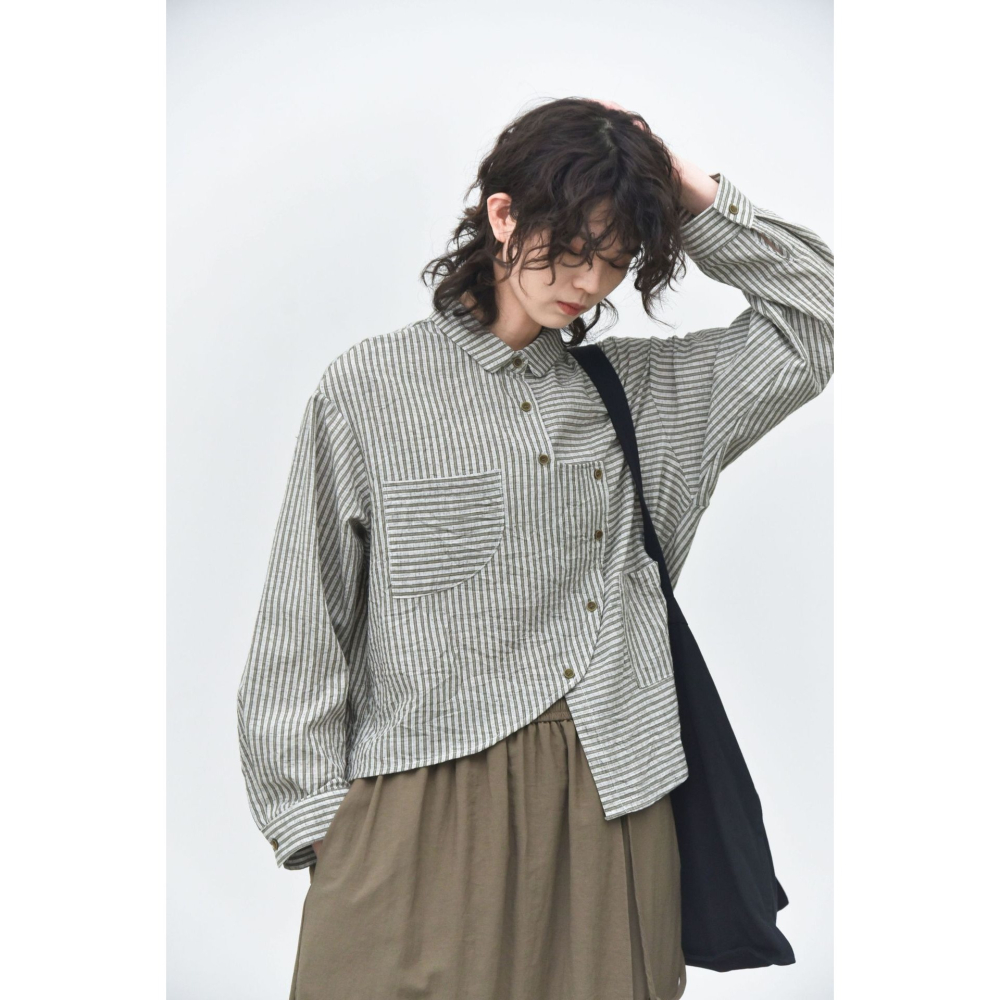 拼接條紋口袋襯衫 文藝復古設計上衣 *3色 | kukuta-細節圖11