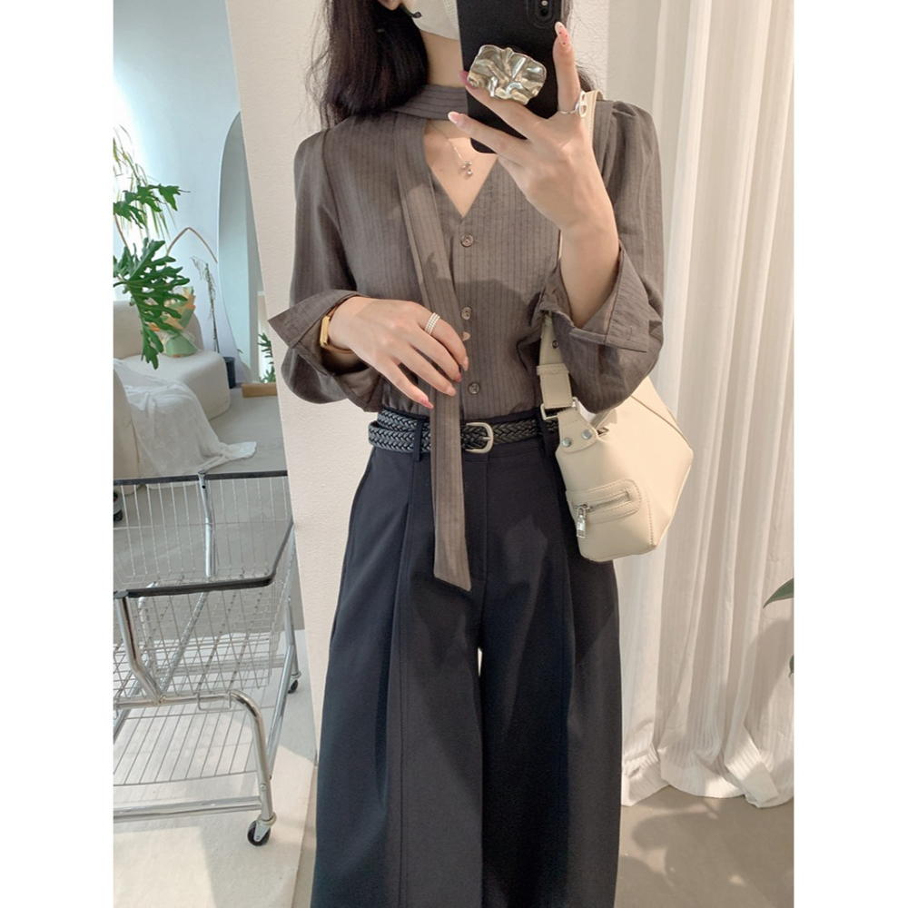 撞色條紋V領收腰襯衫 飄帶長袖上衣 *2色 | kukuta-細節圖2