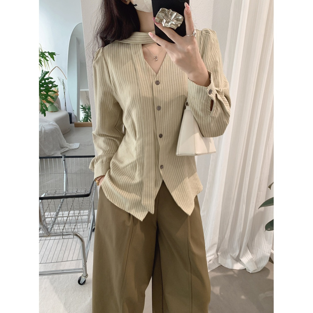 撞色條紋V領收腰襯衫 飄帶長袖上衣 *2色 | kukuta-細節圖3