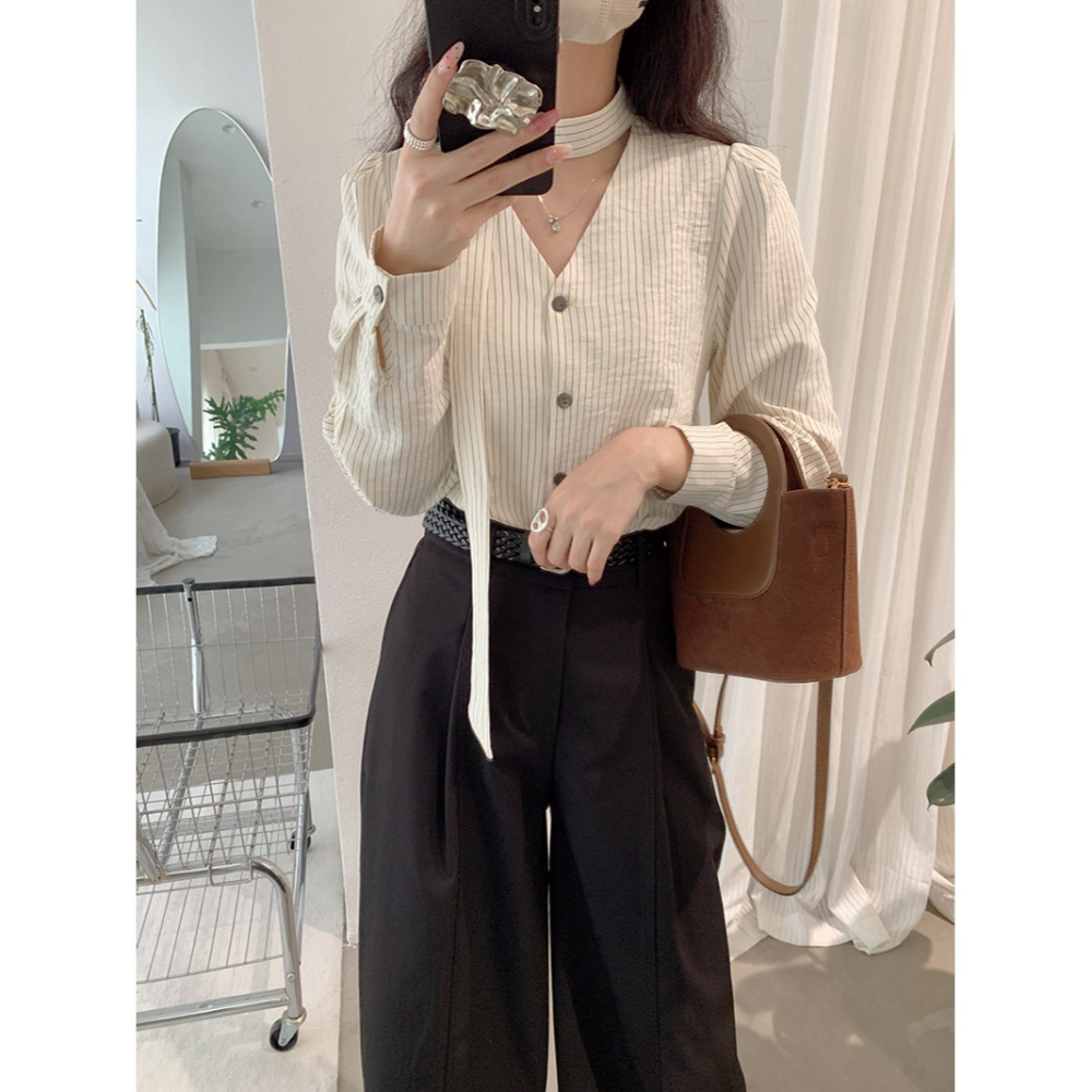 撞色條紋V領收腰襯衫 飄帶長袖上衣 *2色 | kukuta-細節圖5