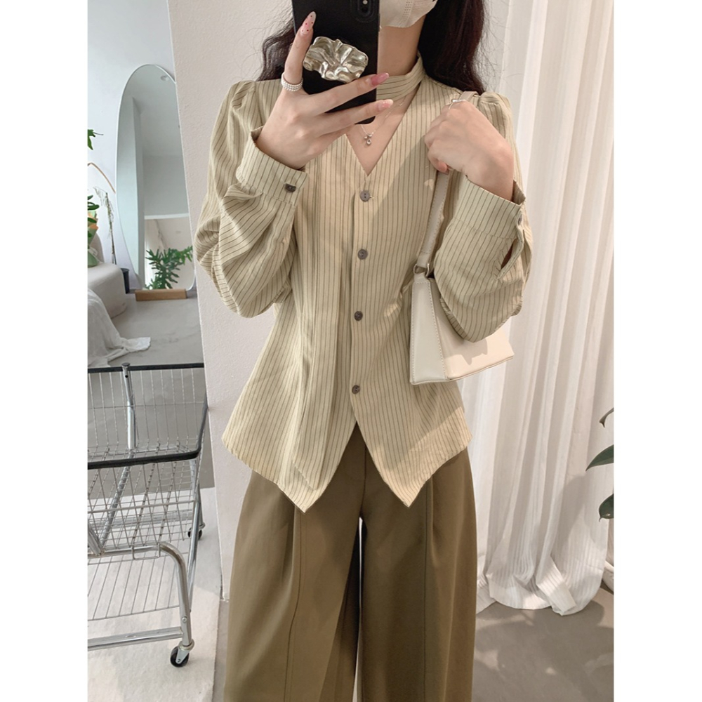 撞色條紋V領收腰襯衫 飄帶長袖上衣 *2色 | kukuta-細節圖6