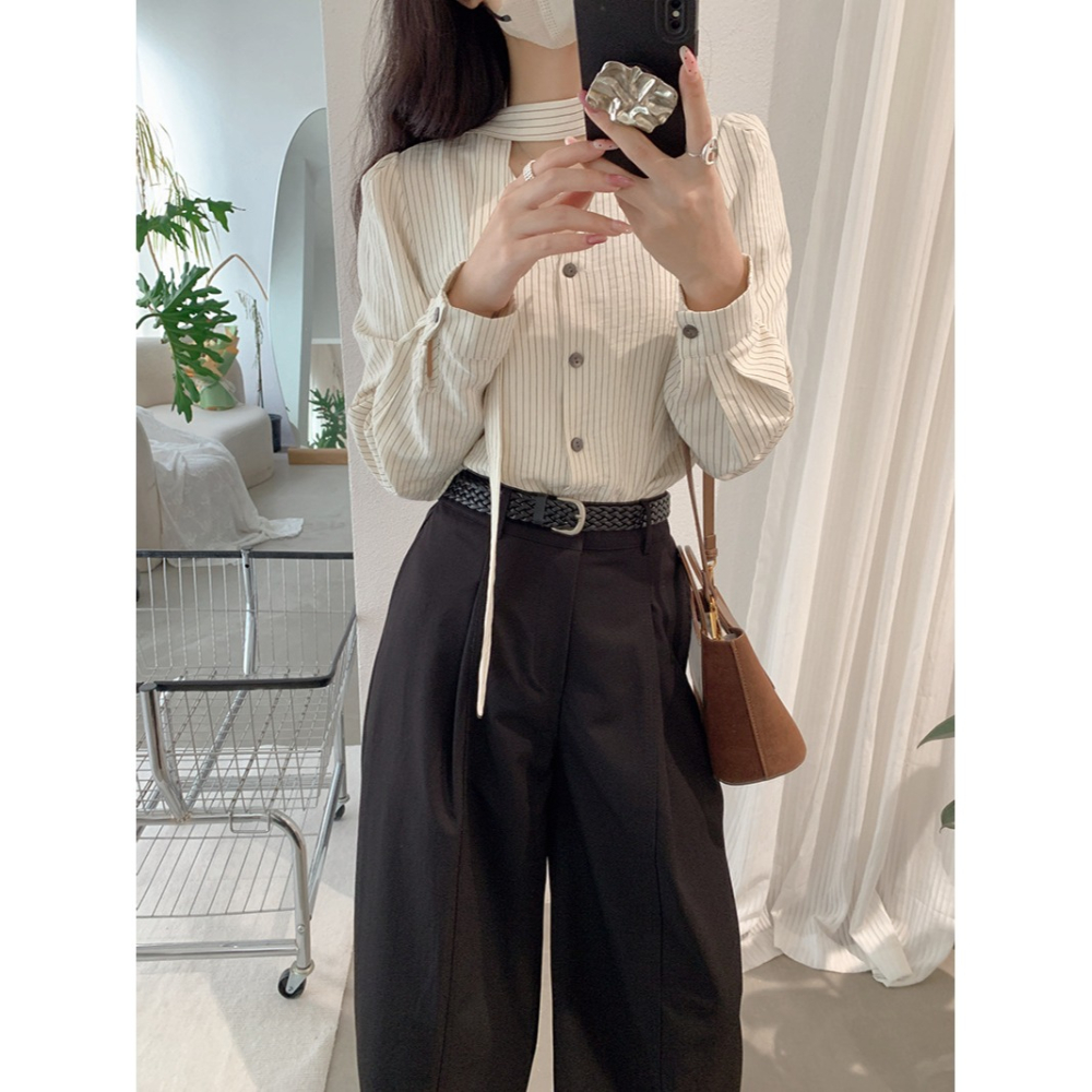 撞色條紋V領收腰襯衫 飄帶長袖上衣 *2色 | kukuta-細節圖7