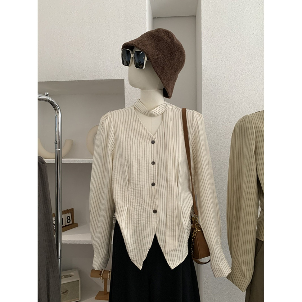 撞色條紋V領收腰襯衫 飄帶長袖上衣 *2色 | kukuta-細節圖8