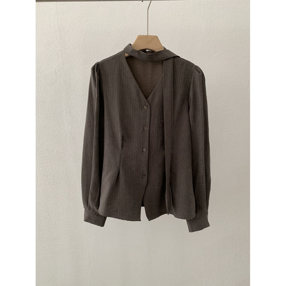 撞色條紋V領收腰襯衫 飄帶長袖上衣 *2色 | kukuta-細節圖10