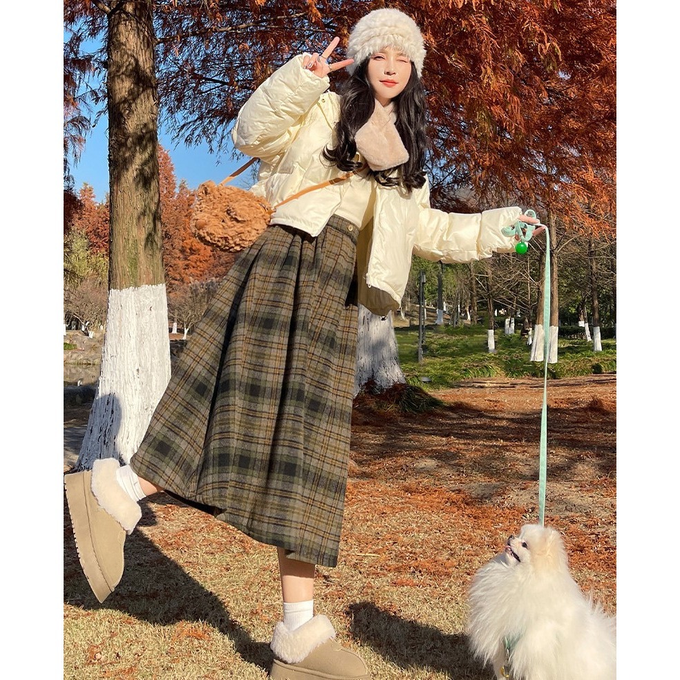 日系復古鬆緊腰毛呢格子裙 *2色 (S-L) | kukuta-細節圖2