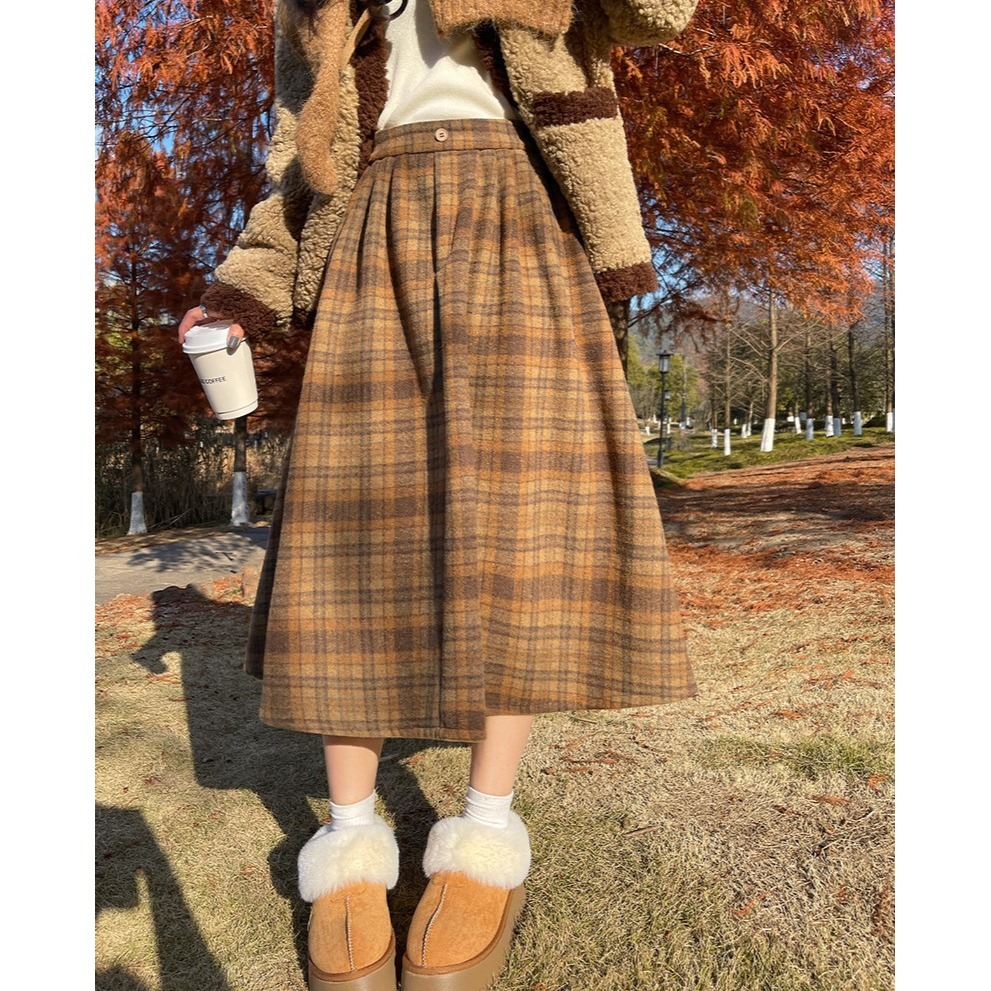 日系復古鬆緊腰毛呢格子裙 *2色 (S-L) | kukuta-細節圖3
