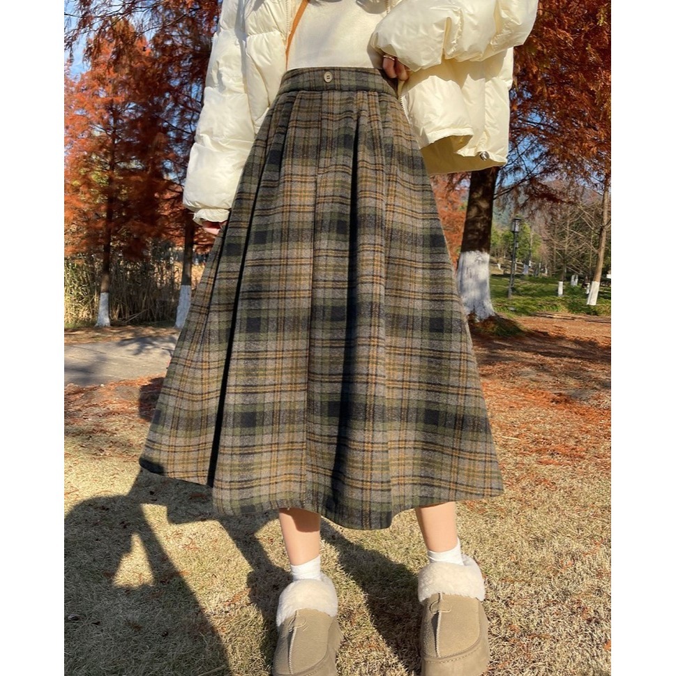 日系復古鬆緊腰毛呢格子裙 *2色 (S-L) | kukuta-細節圖7