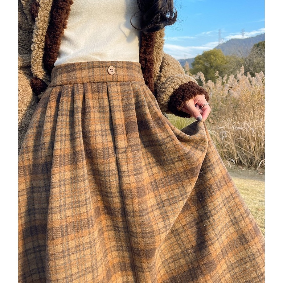 日系復古鬆緊腰毛呢格子裙 *2色 (S-L) | kukuta-細節圖8