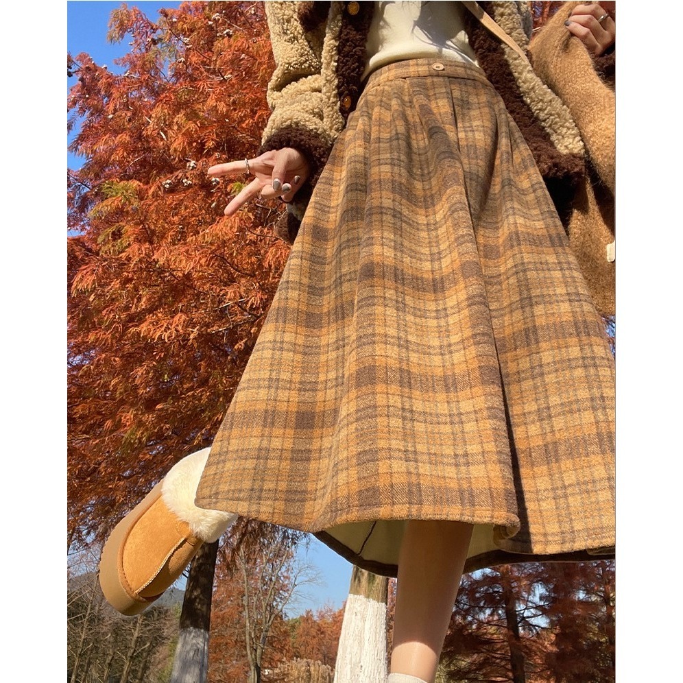 日系復古鬆緊腰毛呢格子裙 *2色 (S-L) | kukuta-細節圖10