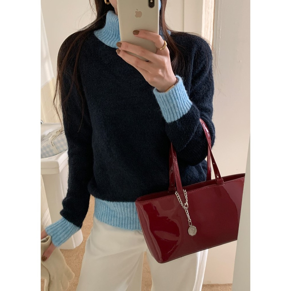 設計感拼色高領毛衣 *4色 | kukuta-細節圖9