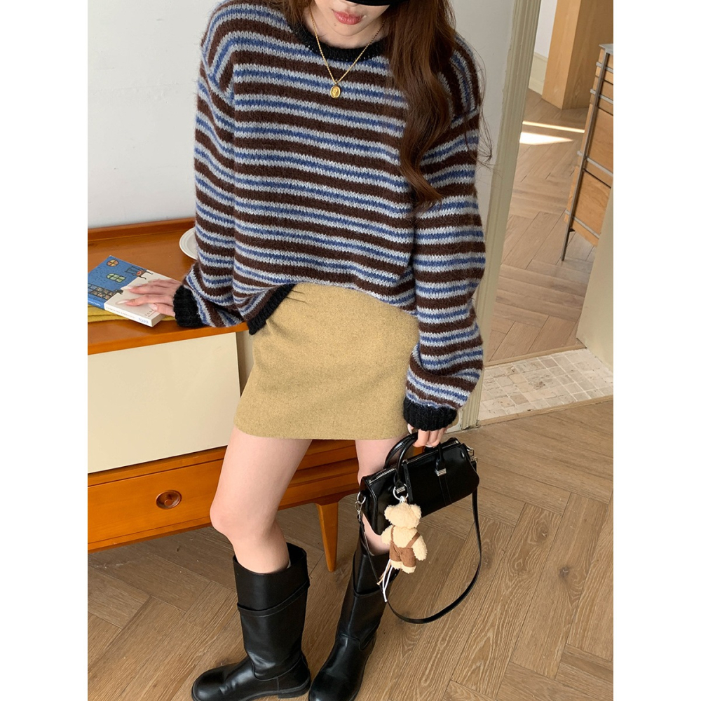 8%羊毛 復古條紋寬鬆顯瘦針織毛衣 *2色 | kukuta-細節圖2