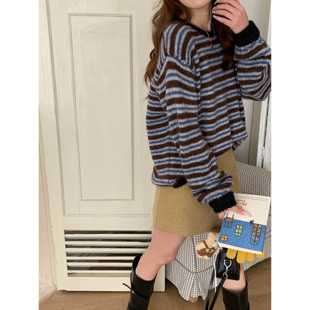 8%羊毛 復古條紋寬鬆顯瘦針織毛衣 *2色 | kukuta-細節圖4