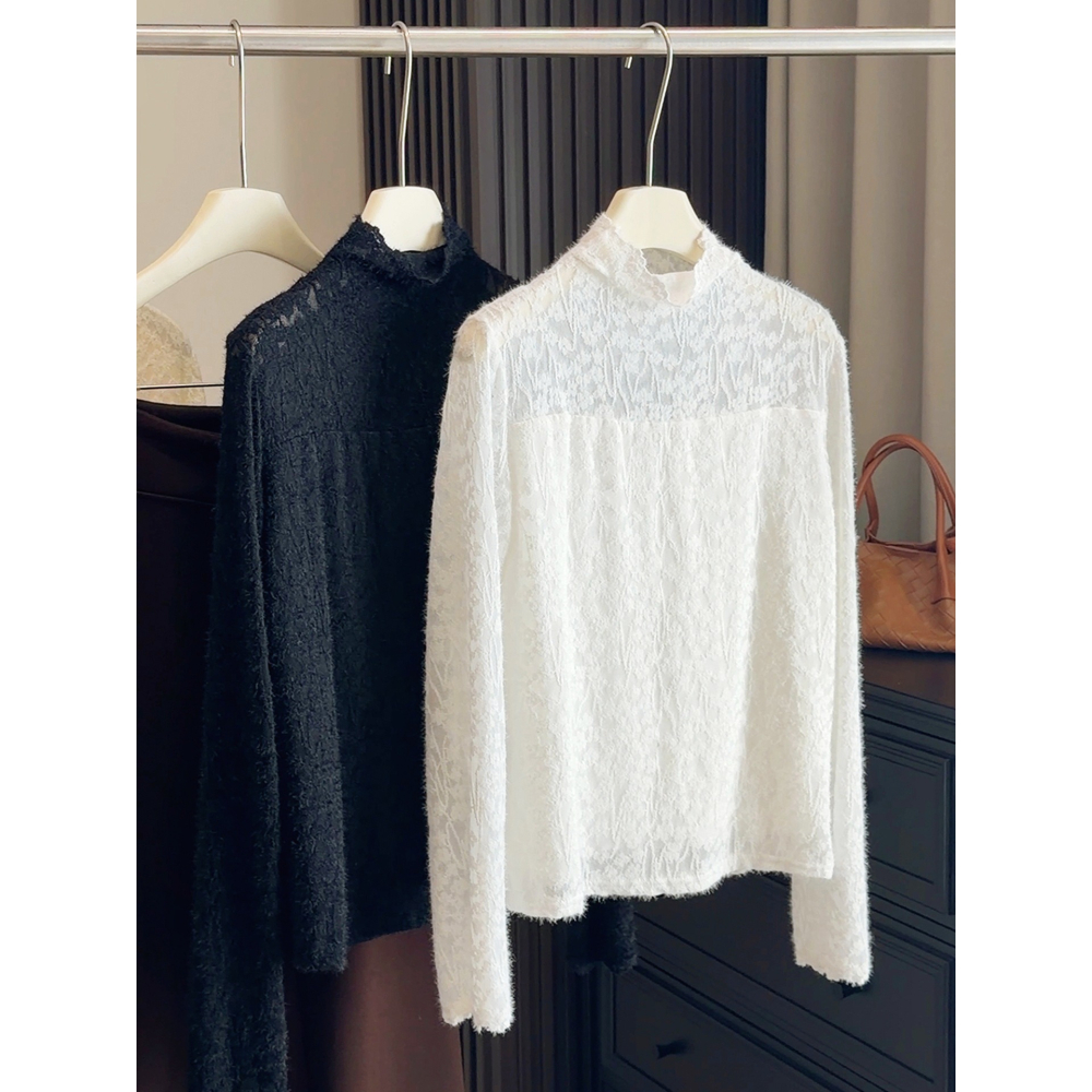 立領絨毛鉤花蕾絲內搭上衣 *3色 | kukuta-細節圖2