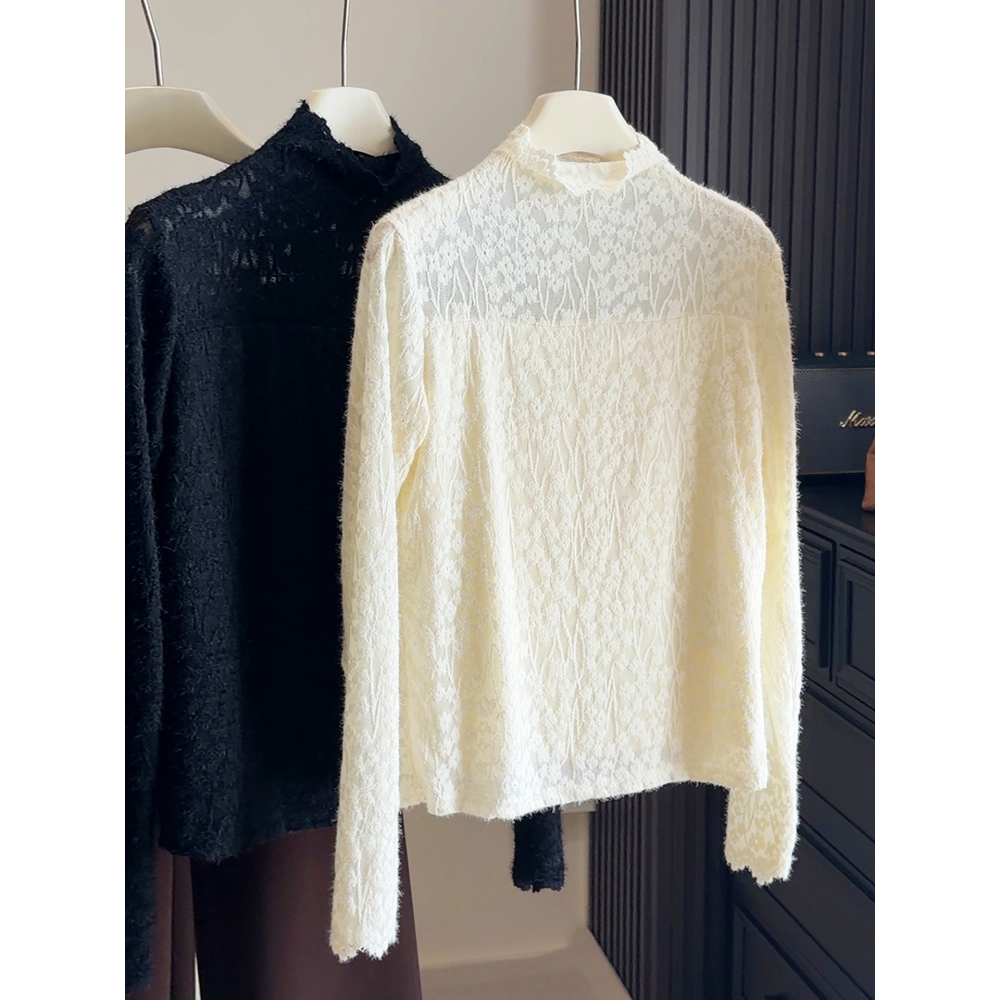 立領絨毛鉤花蕾絲內搭上衣 *3色 | kukuta-細節圖7