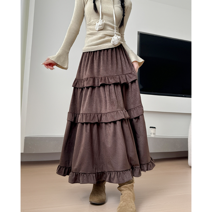 日系花邊蛋糕裙 咖色垂感半身裙 (M-XL) | kukuta-細節圖2