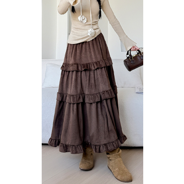 日系花邊蛋糕裙 咖色垂感半身裙 (M-XL) | kukuta-細節圖3