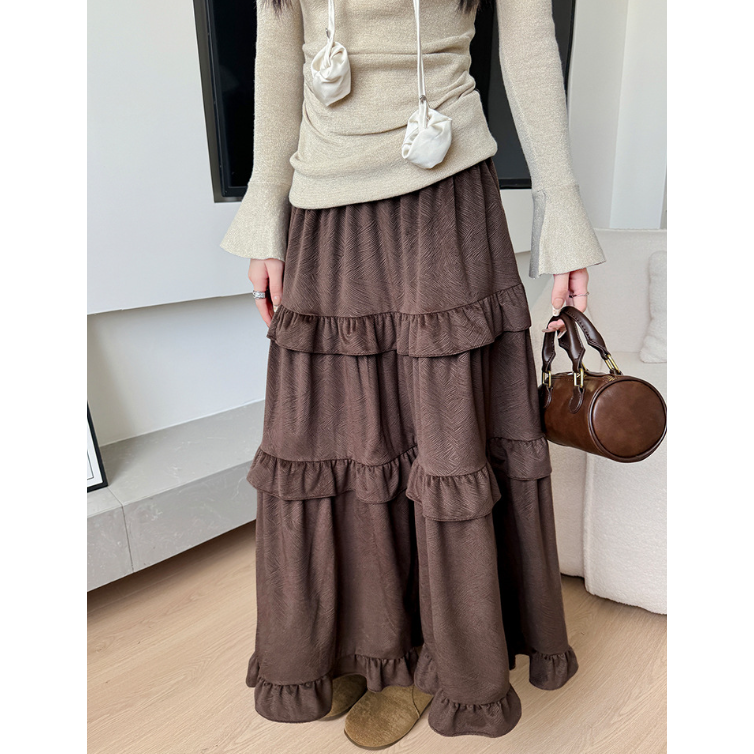 日系花邊蛋糕裙 咖色垂感半身裙 (M-XL) | kukuta-細節圖6