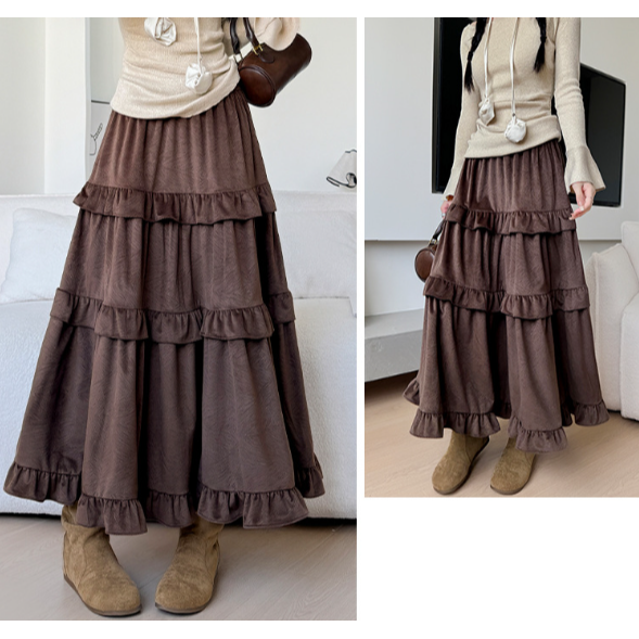 日系花邊蛋糕裙 咖色垂感半身裙 (M-XL) | kukuta-細節圖7