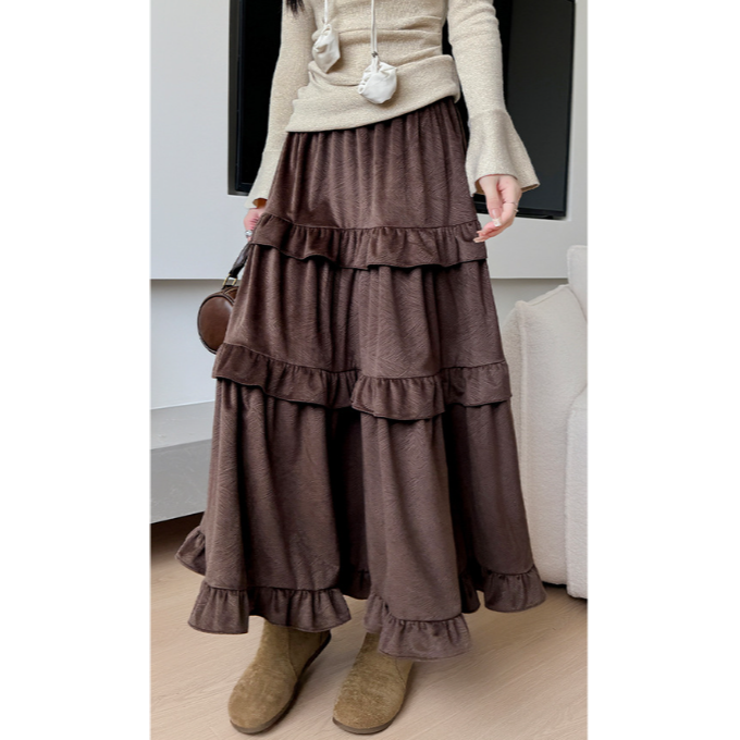 日系花邊蛋糕裙 咖色垂感半身裙 (M-XL) | kukuta-細節圖8