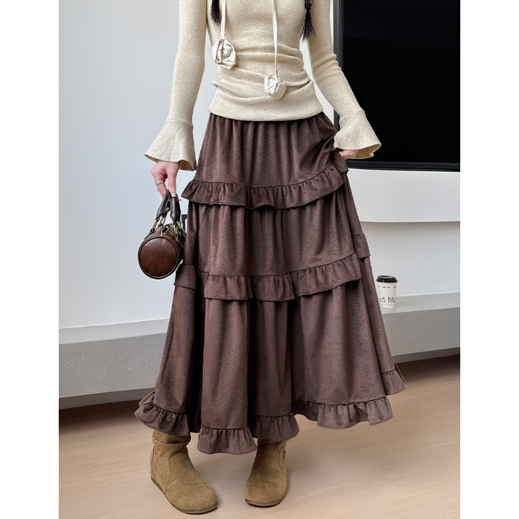 日系花邊蛋糕裙 咖色垂感半身裙 (M-XL) | kukuta-細節圖9