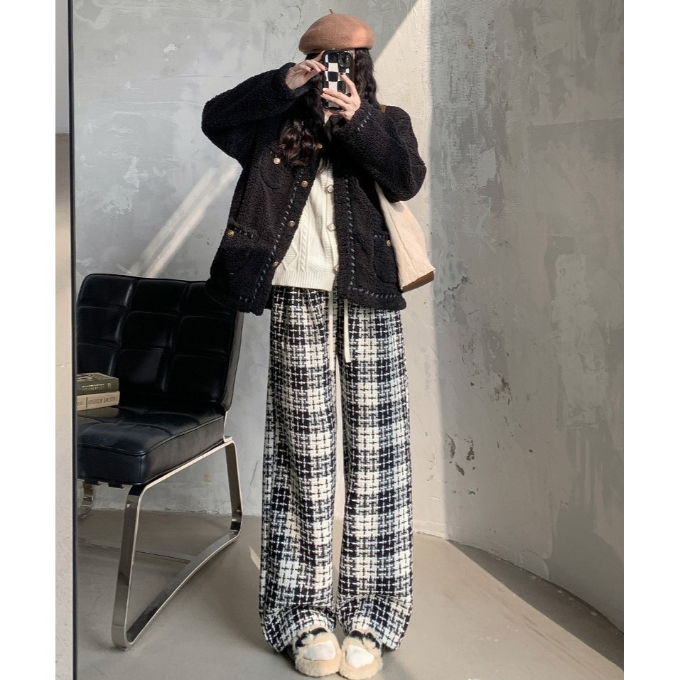 保暖加絨 小香風黑白格子垂感長褲 *2色 | kukuta-細節圖2