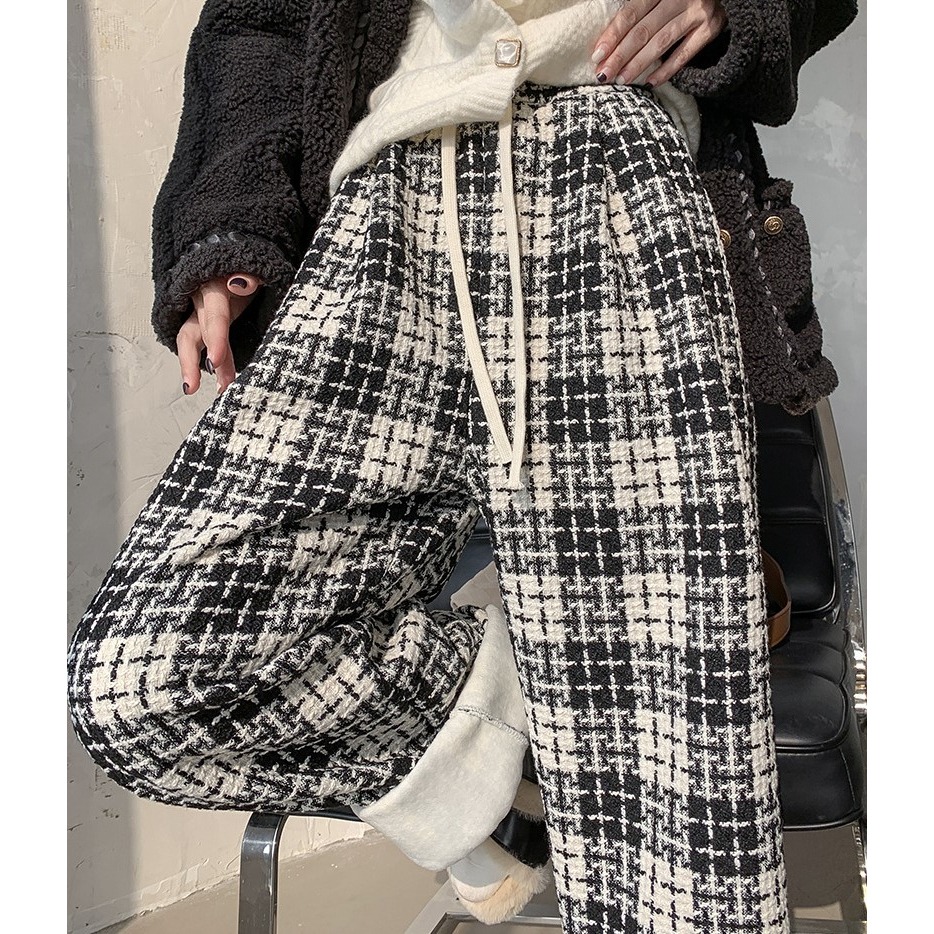保暖加絨 小香風黑白格子垂感長褲 *2色 | kukuta-細節圖3