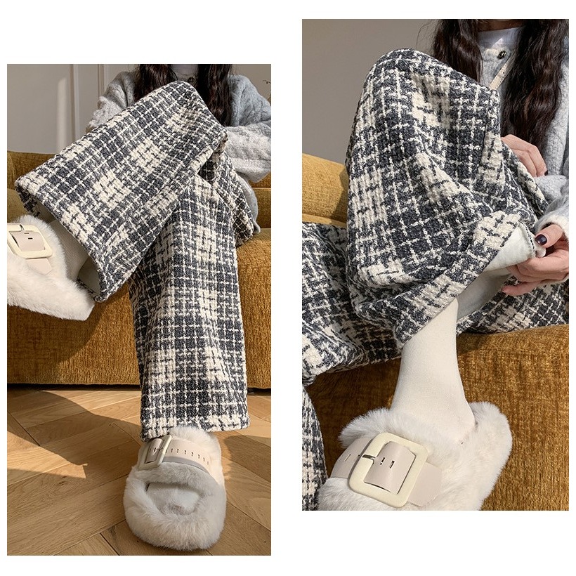 保暖加絨 小香風黑白格子垂感長褲 *2色 | kukuta-細節圖4