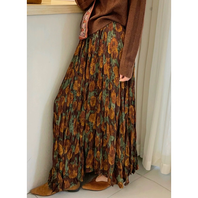 復古印花 高腰褶皺A字大擺半身裙  | kukuta-細節圖2